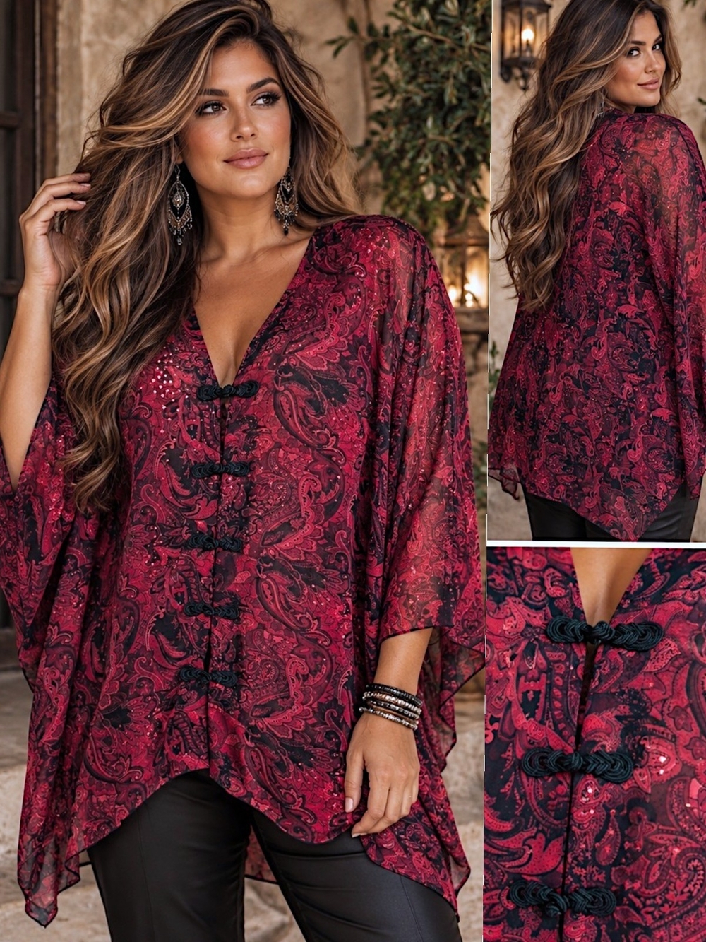 Maggie Barnes 6X Whimsigoth Sheer Paisley Tunic Sequin Boho Kimono Top Romantic
